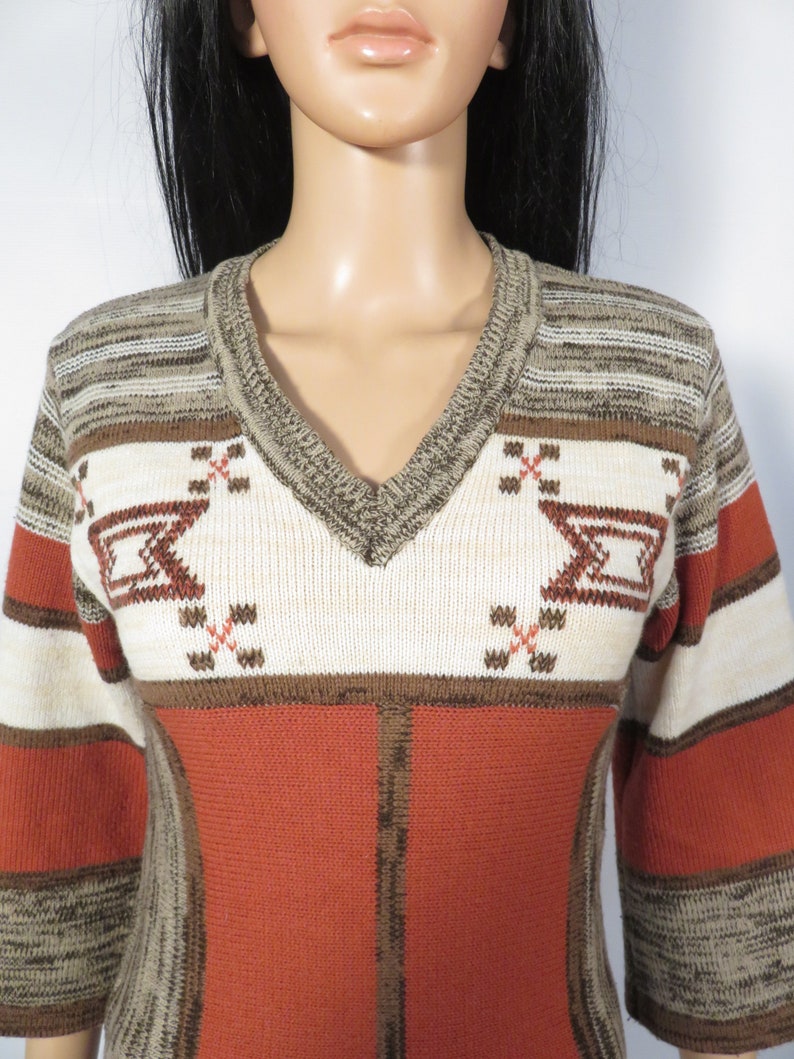 Vintage 70s Hippie Bell Sleeve Space Dyed Marbled Knit V Neck Sweater Size XS image 7