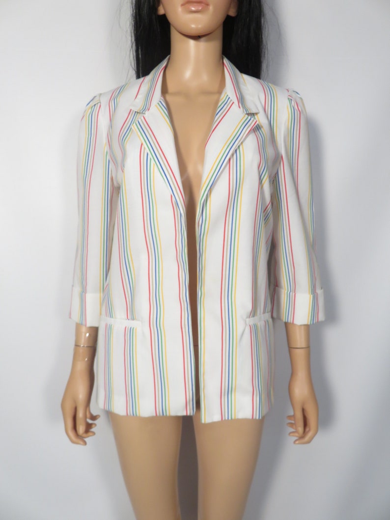 Vintage 80s Rainbow Stripe Lightweight Cotton Blazer Size M/L image 5