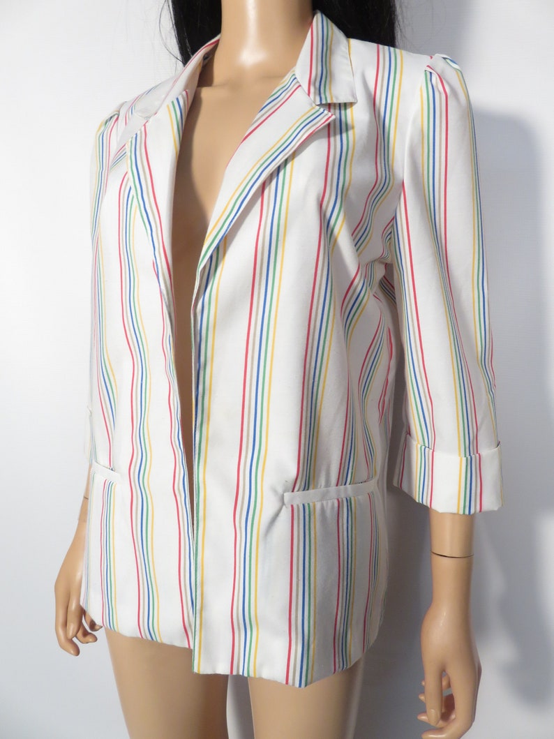 Vintage 80s Rainbow Stripe Lightweight Cotton Blazer Size M/L image 9