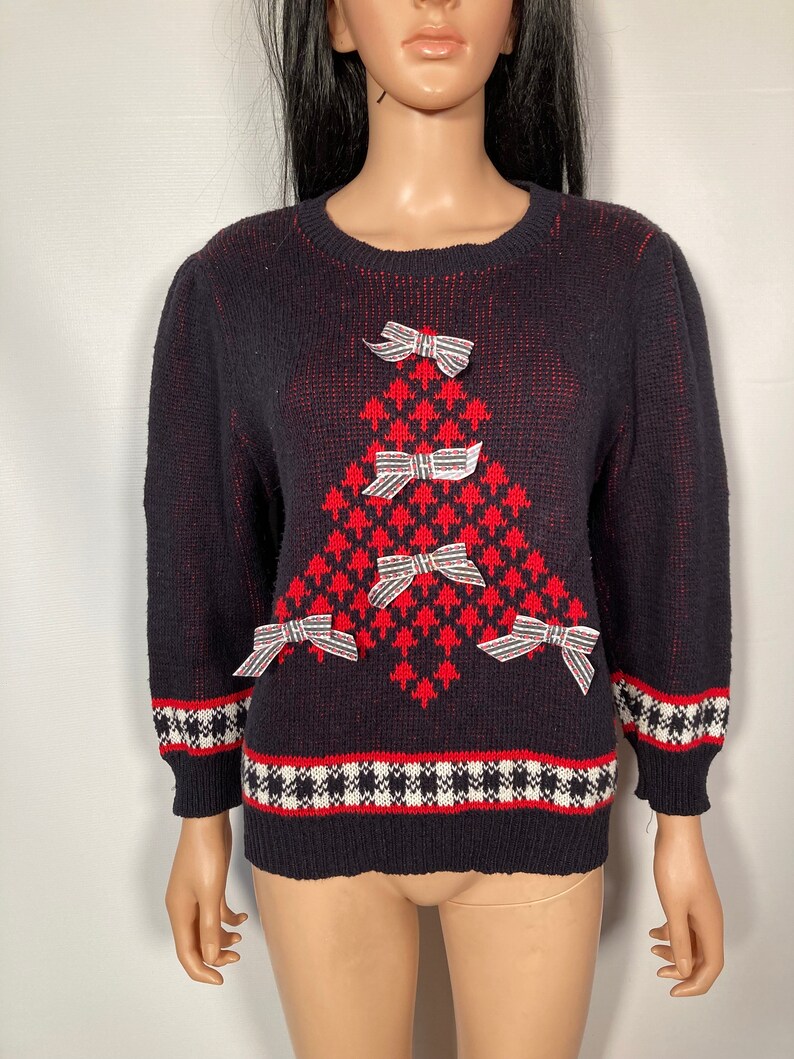 Vintage 90s Christmas Tree All Cotton Sweater With Bows Made In USA Size M/L image 2