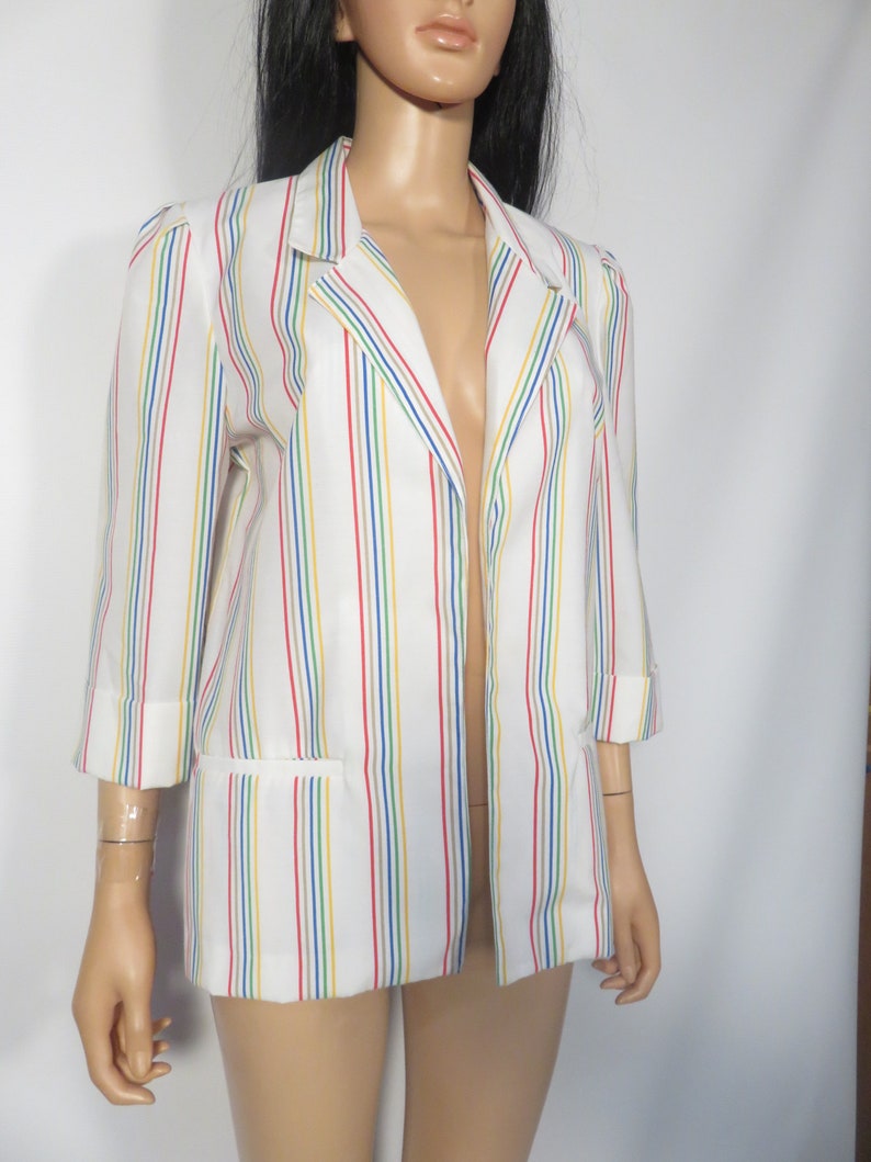 Vintage 80s Rainbow Stripe Lightweight Cotton Blazer Size M/L image 8