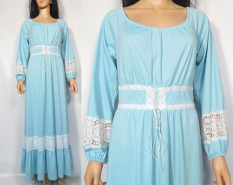 Vintage 70s Pastel Blue Gunne Sax Style Prairie Maxi Dress Size S