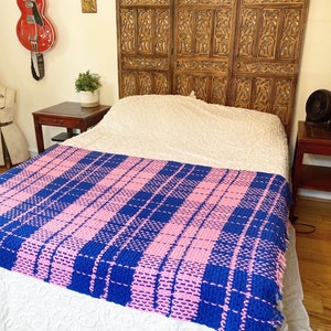 Vintage Pink And Blue Plaid Knit Blanket Throw image 2