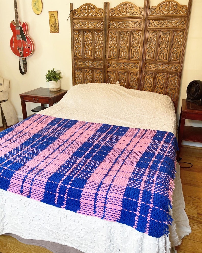 Vintage Pink And Blue Plaid Knit Blanket Throw image 2