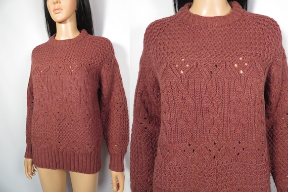 Vintage 70s Earthy Burgundy Tone Cable Knit Sweat… - image 1