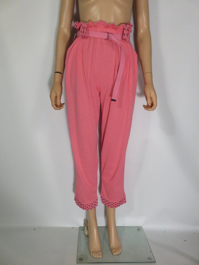 Vintage 80s High Waist Hot Pink Elastic Waist Comfy Belted Loungewear Pants Size M image 10