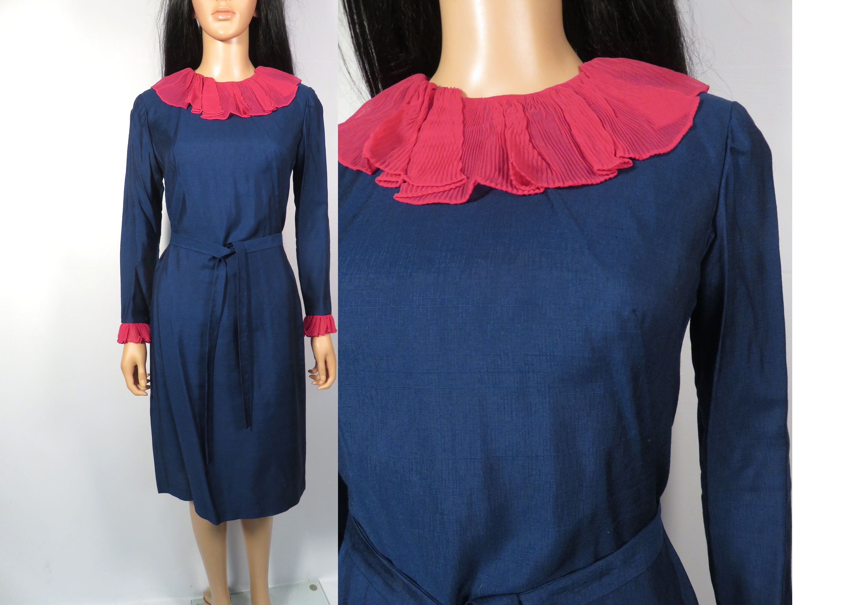 Vintage 50s/60s Polished Linen Deep Blue With Magenta Micro