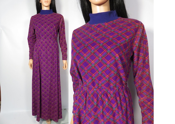 Vintage 70s Rainbow Plaid Fuzzy Purple Skirt Set … - image 1