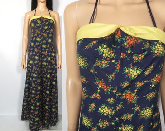 Vintage 60s/70s Floral Summer Halter Lightweight Maxi Dress Size S
