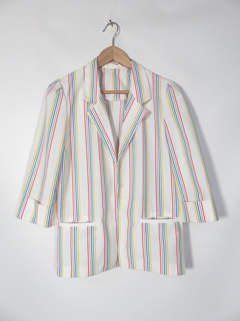 Vintage 80s Rainbow Stripe Lightweight Cotton Blazer Size M/L image 2