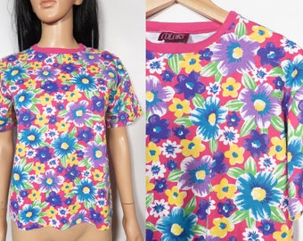 Vintage 80s/90s Bright Floral Print Cotton Tshirt Size Youth 14 Or Womens XS/S