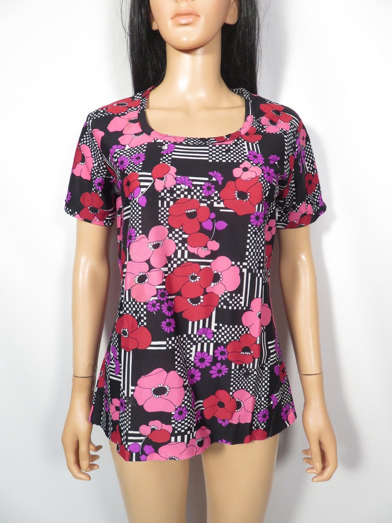 Vintage 60s Flower Power Op Art Poppy Print Nylon Top Size XL image 8