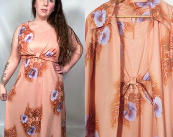Vintage 70s Plus Size Hawaiian 2 Piece Set Maxi Dress Size XL