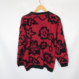 Vintage 80s Red Floral Sparkle Sweater Made In USA Size L image 5