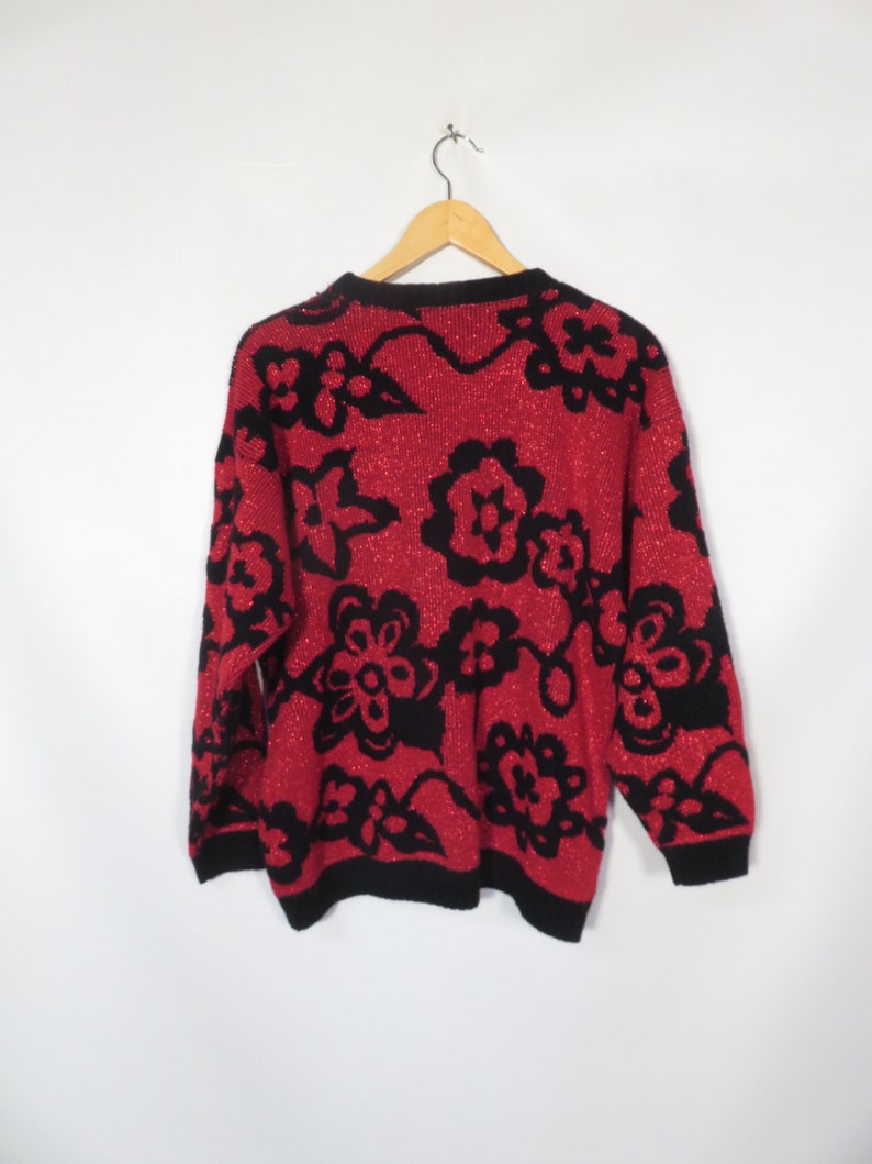 Vintage 80s Red Floral Sparkle Sweater Made In USA Size L image 5