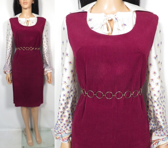 Vintage 60s Cranberry Corduroy Shift Dress Union Label Made In USA Size S