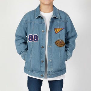 Vintage 90s Kids Deadstock Buster Brown Snap Button Denim Jacket With Football Patches Made In USA Size 7