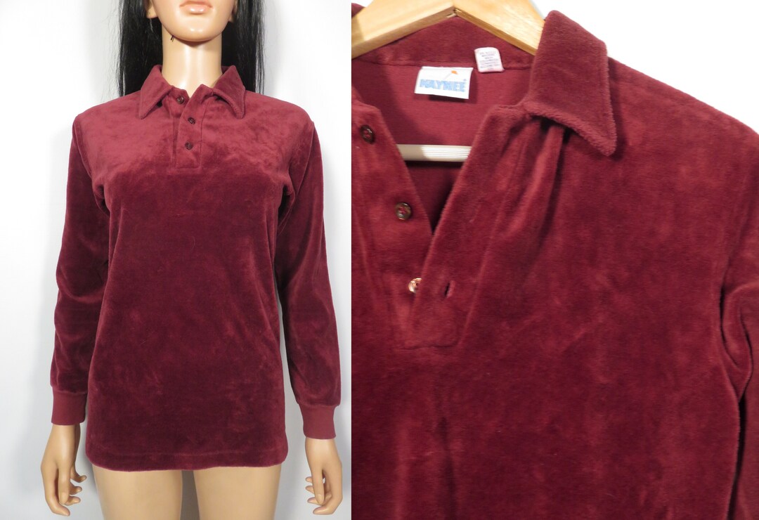 Vintage 70s Burgundy Velour Long Sleeve Polo Shirt Size S - Etsy