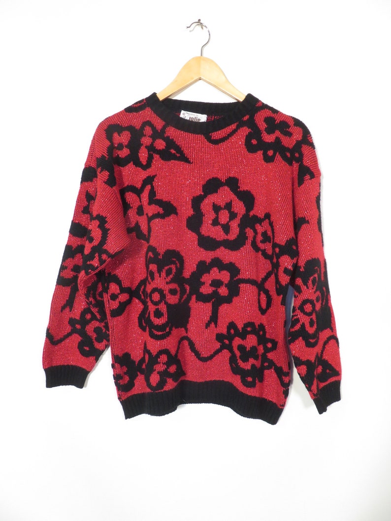Vintage 80s Red Floral Sparkle Sweater Made In USA Size L image 2