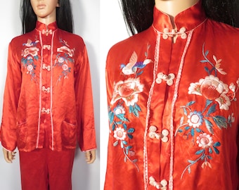 Vintage 40s Silk Embroidered Asian Souvenir Pajamas Loungewear Set Size M