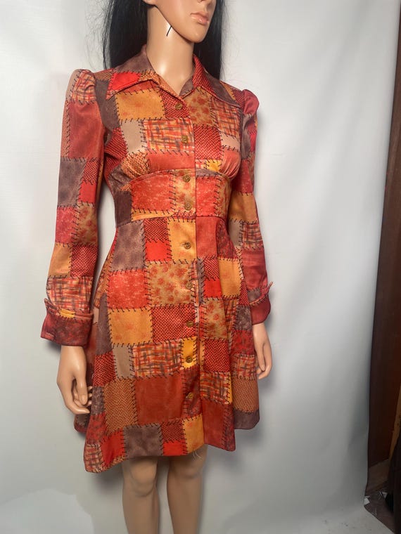 Vintage 70s Patchwork Print Mini Button Front Dre… - image 2