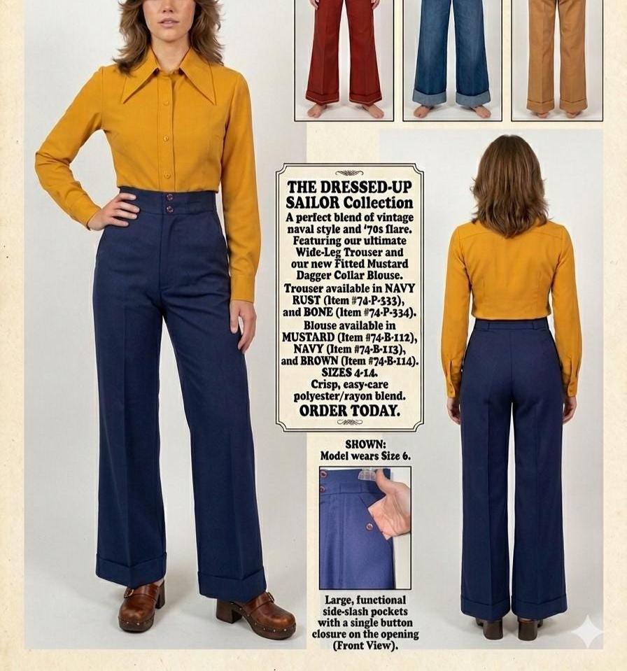 Vintage 1970s Navy Blue Polyester Bell Bottoms Wide Leg Pants Size