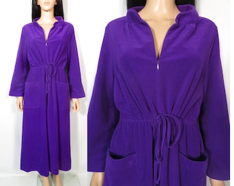 Vintage 70er Jahre Vanity Fair Royal Lila Velour Fleece Robe Nachthemd Kordelzug Loungewear Haus Kleid Größe 14 L