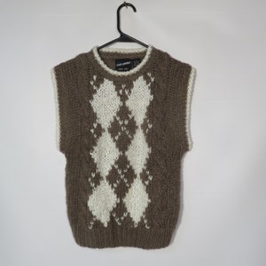 Vintage 80s/90s Argyle Hand Knit Taupe Sweater Vest Size S image 2