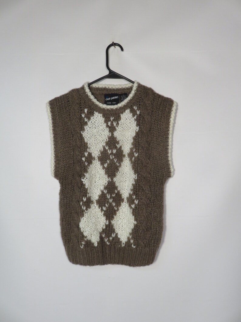Vintage 80s/90s Argyle Hand Knit Taupe Sweater Vest Size S image 2