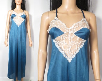 Vintage 70s Blue Maxi Lingerie Nightgown Negligee Peignoir With Lace Detail Size M/L