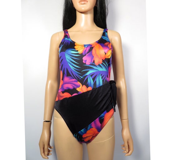 Vintage 80s Tropical One Piece Swimsuit Made In U… - image 1
