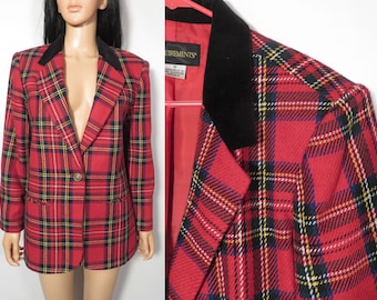 Vintage 90s Holiday Plaid Velvet Collar Wool Blazer Size M