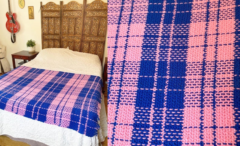 Vintage Pink And Blue Plaid Knit Blanket Throw image 1