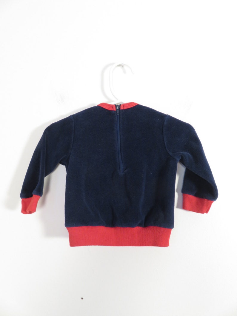 Vintage 60s/70s Baby Navy Blue With Red Accents Velour Top With Kangaroo Pocket Size 3-6M image 4
