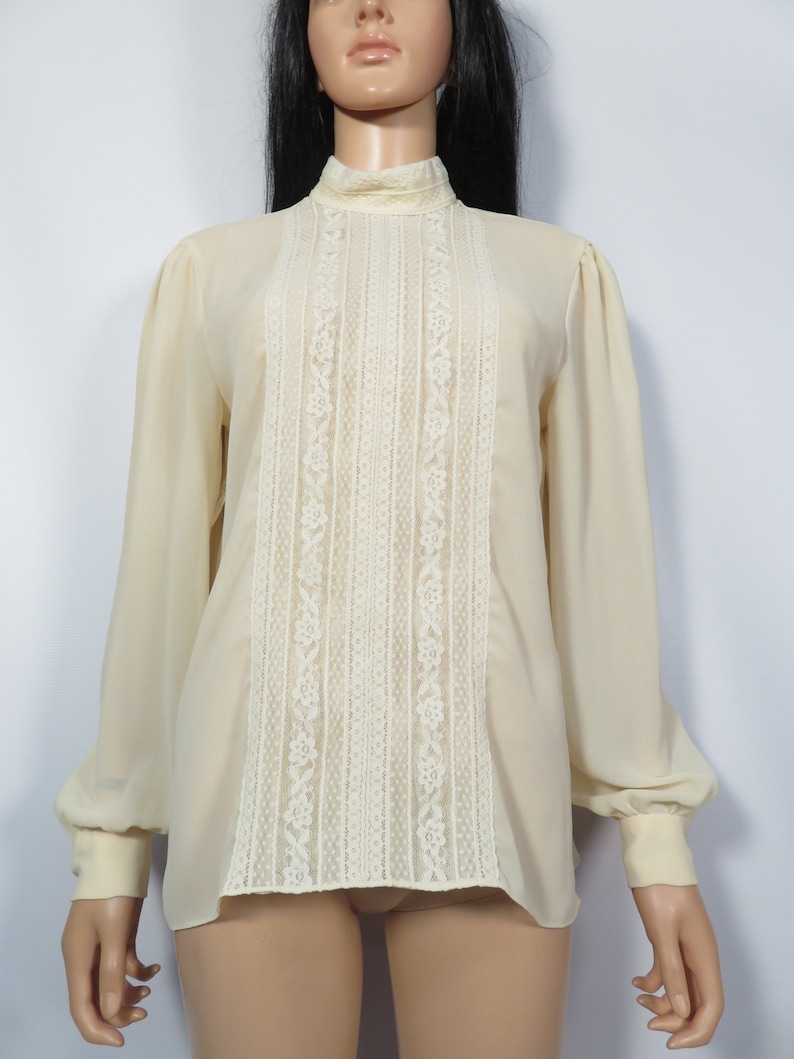 Vintage 70s Designer Pierre Cardin Lightweight Sheer Lace Panel Blouse Size L image 9