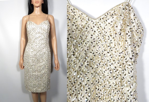 Buy Vintage White and Gold Sequin Cache Lace up Back Spaghetti Strap Dress  Size S Online in India - Etsy