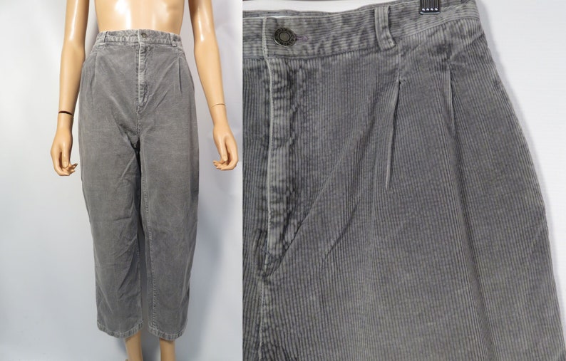 Vintage 90s Calvin Klein High Waist Pleat Front Slate Gray Corduroy Trouser Pants Size 27 x 25 Short image 1