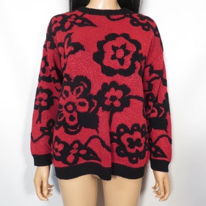 Vintage 80s Red Floral Sparkle Sweater Made In USA Size L image 6