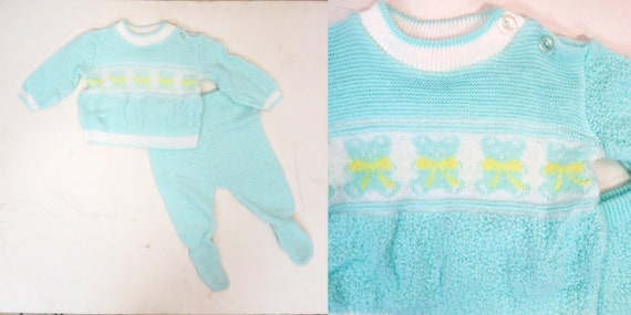 Vintage 70s/80s Baby Teddy Bear 2 Piece Knit Set … - image 1