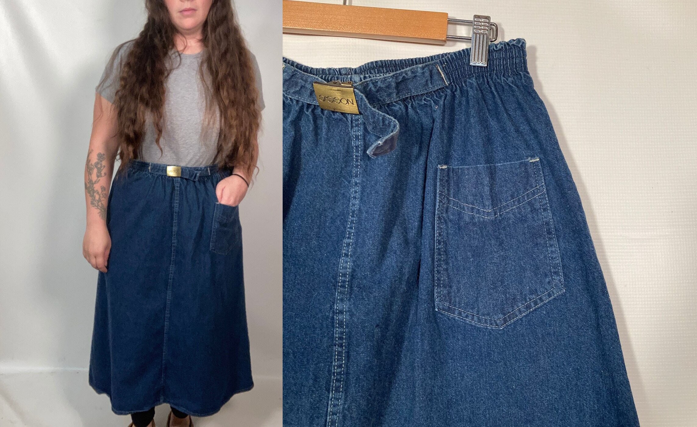 Vintage 80s Sasson Denim Midi Skirt With Logo Cinch Buckle Size L