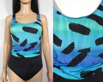Vintage 80s Jantzen Brushstroke Print Swimsuit Made In USA Size 14 L