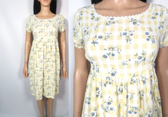 Vintage 90s Gingham Floral Babydoll Dress Size XS… - image 1