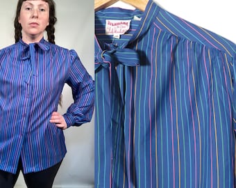 Vintage 70s/80s Plus Size Pastel Striped Lightweight Tie Collar Blouse Size 18 XL