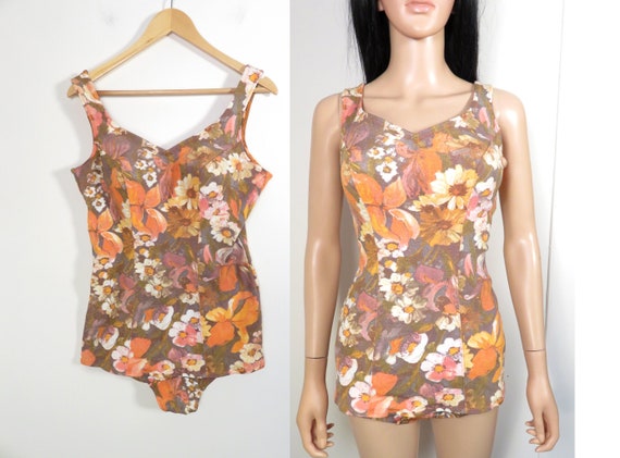 Vintage 60s Floral One Piece Swimsuit Size XL