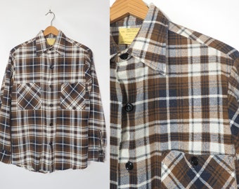 Vintage 70s Sears Brown Plaid Flannel Size Mens S