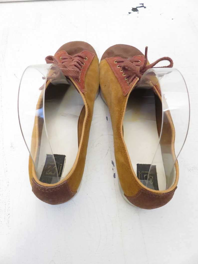 Vintage 70s Tri Tone Suede Lace Up Color Block Bowling Shoes Size 9