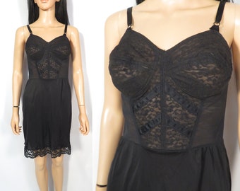 Vintage 60s Black Bra Slip Dress With Shaping In Bodice Made In USA Size 34C S