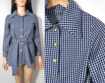 Chaqueta ligera vintage de los años 70 con estampado de cuadros azules y cinturón, talla XS.