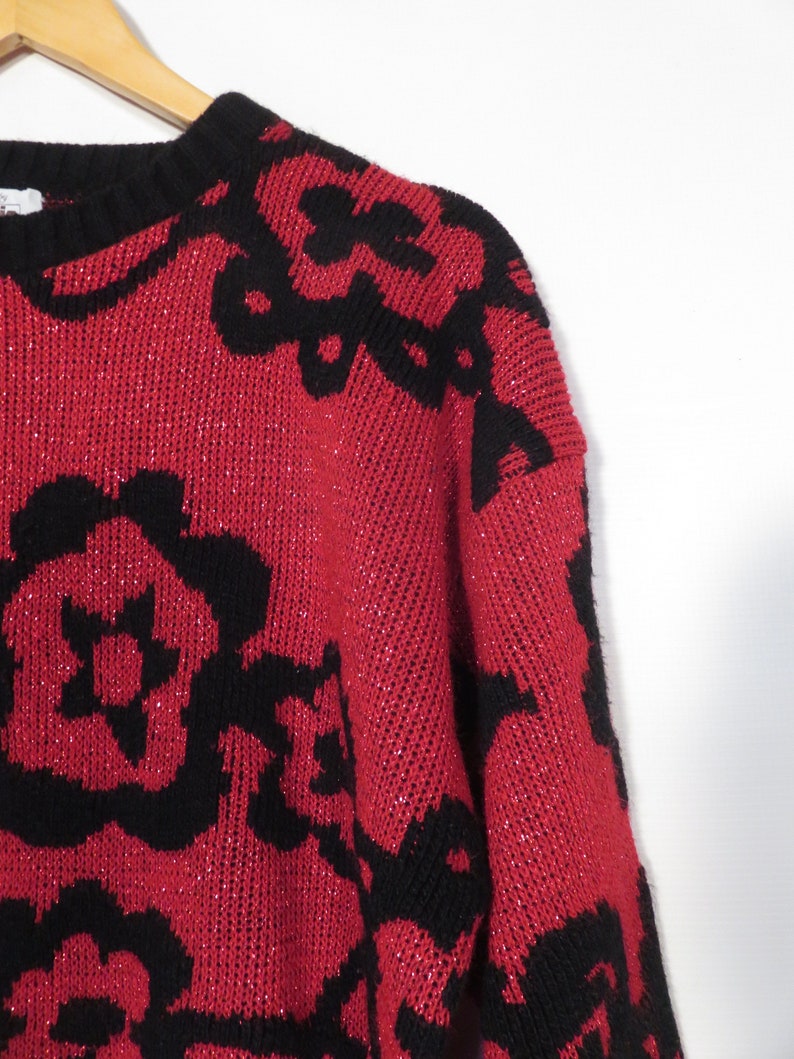 Vintage 80s Red Floral Sparkle Sweater Made In USA Size L image 3