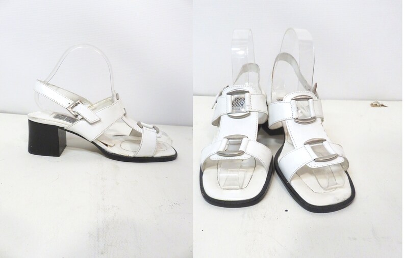 Vintage 90s Does 60s Mod White Leather Block Heel Sandals Size 6.5 image 1